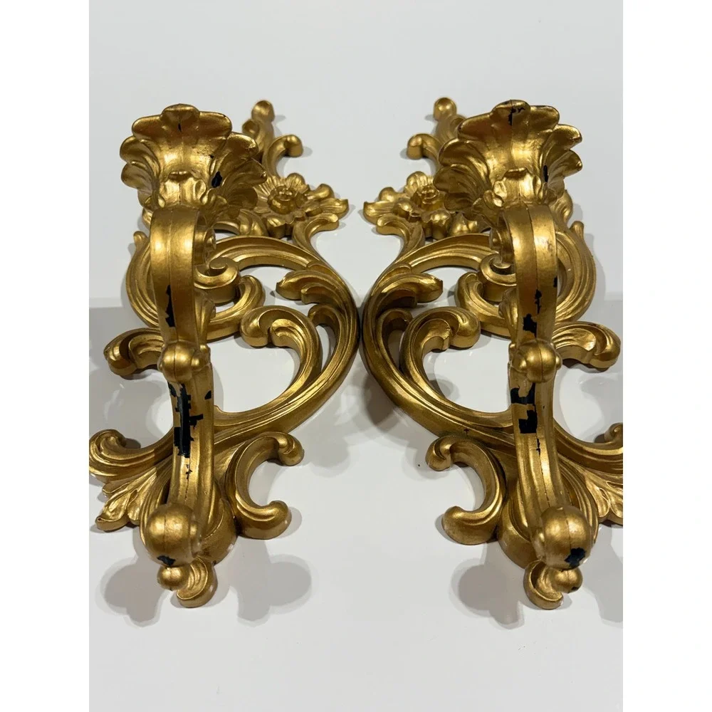SYROCO VTG 1965 2 Gold Wall Candle Sconces 5183 Hollywood Regency Floral USA MCM